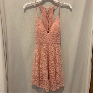 Spaghetti strap short pink lace dress tie back